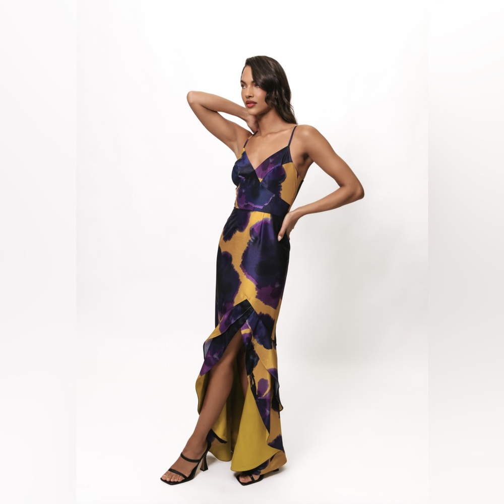 Hutch Mustard and Purple High-Low Slip Dress